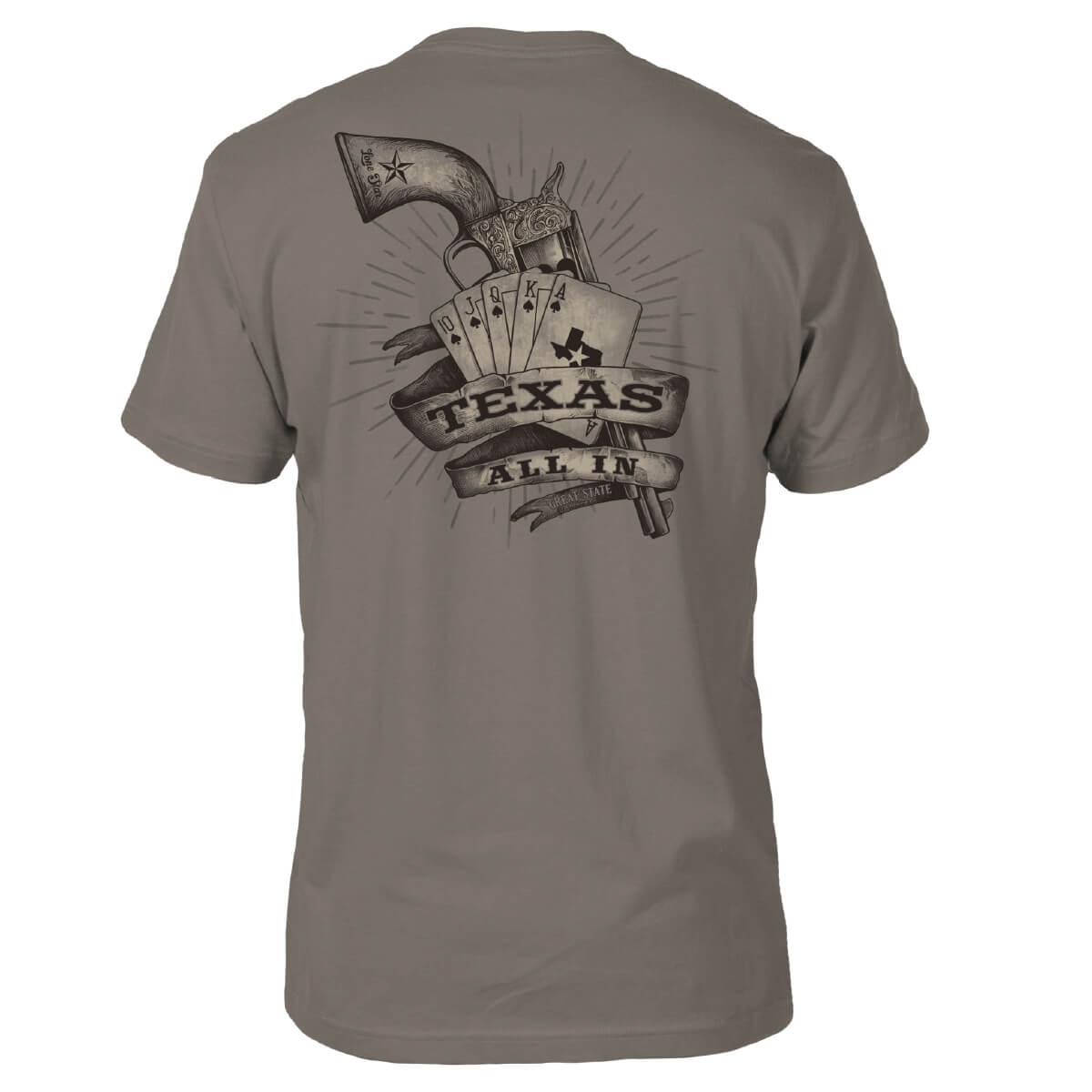 Gray t-shirt with a graphic design on the back featuring cards and the text 'Texas All In' with a revolver behind it.