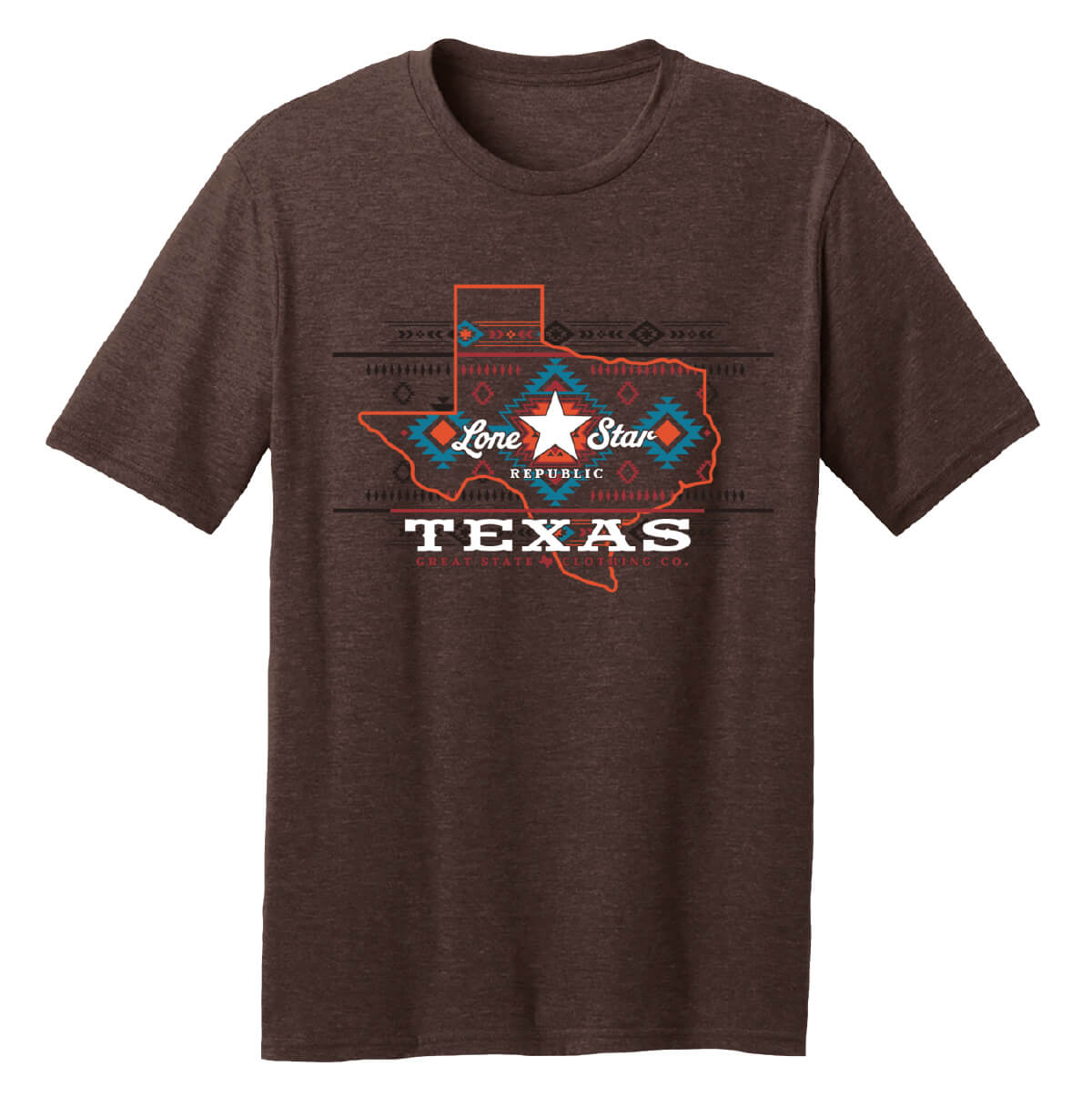 Brown t-shirt with Texas state outline and tribal design within it and 'Lone Star Republic' text.