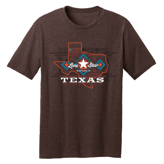 Brown t-shirt with Texas state outline and tribal design within it and 'Lone Star Republic' text.
