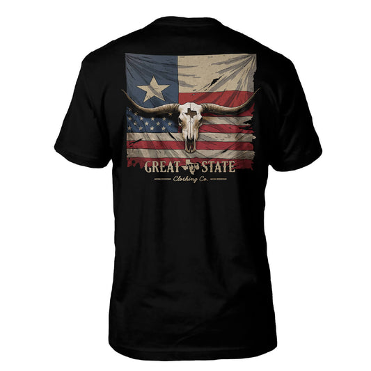 Black t-shirt with American flag and longhorn skull design on the back.