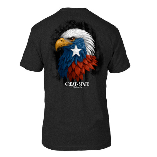 Black t-shirt with an eagle design featuring the Texas flag.