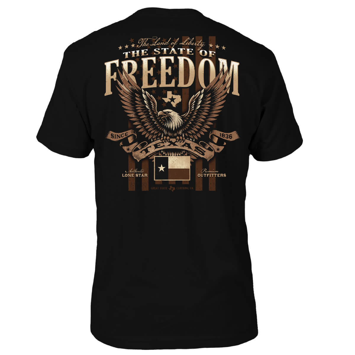 Black t-shirt with an eagle over an American flag and the text 'THE STATE OF FREEDOM'.