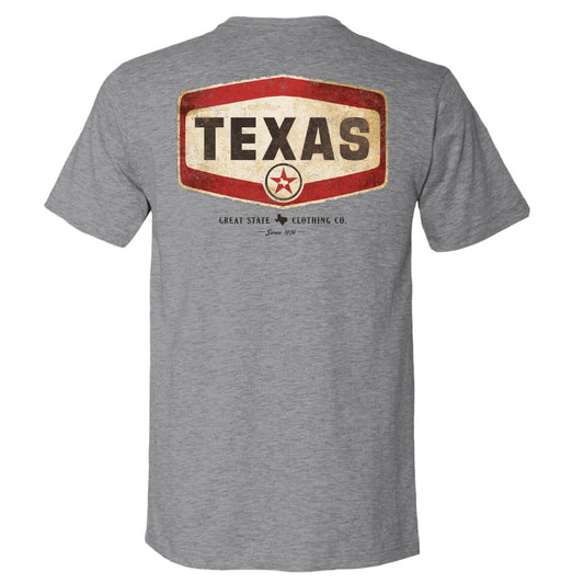 Heathered Gray tee with the text 'TEXAS' on a vintage gas sign on the back.