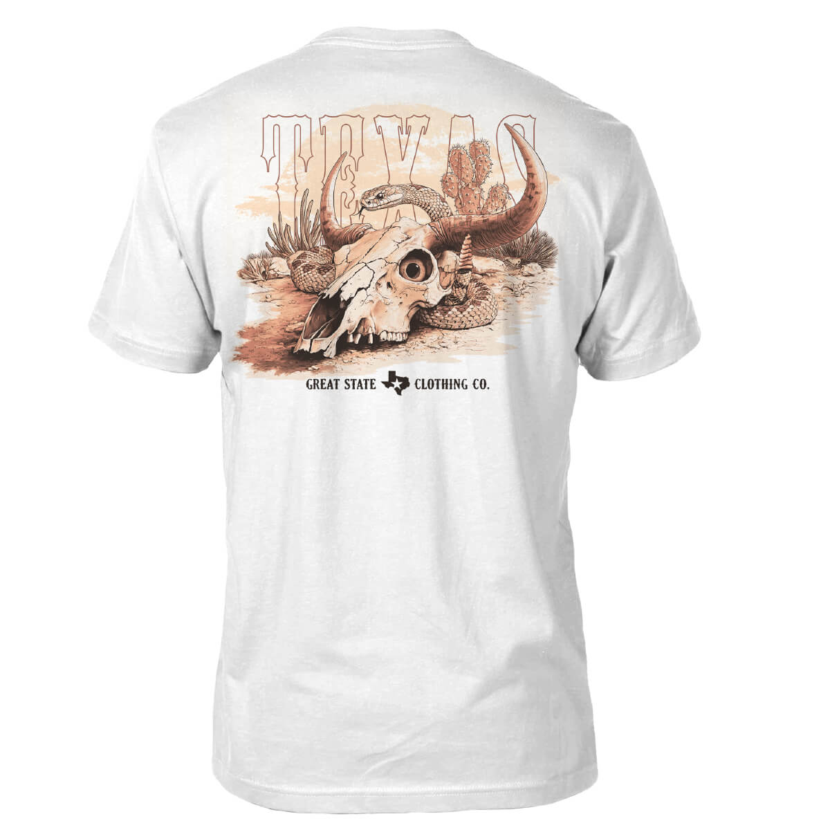 White tee with a longhorn skull and a rattle snake in the desert. 