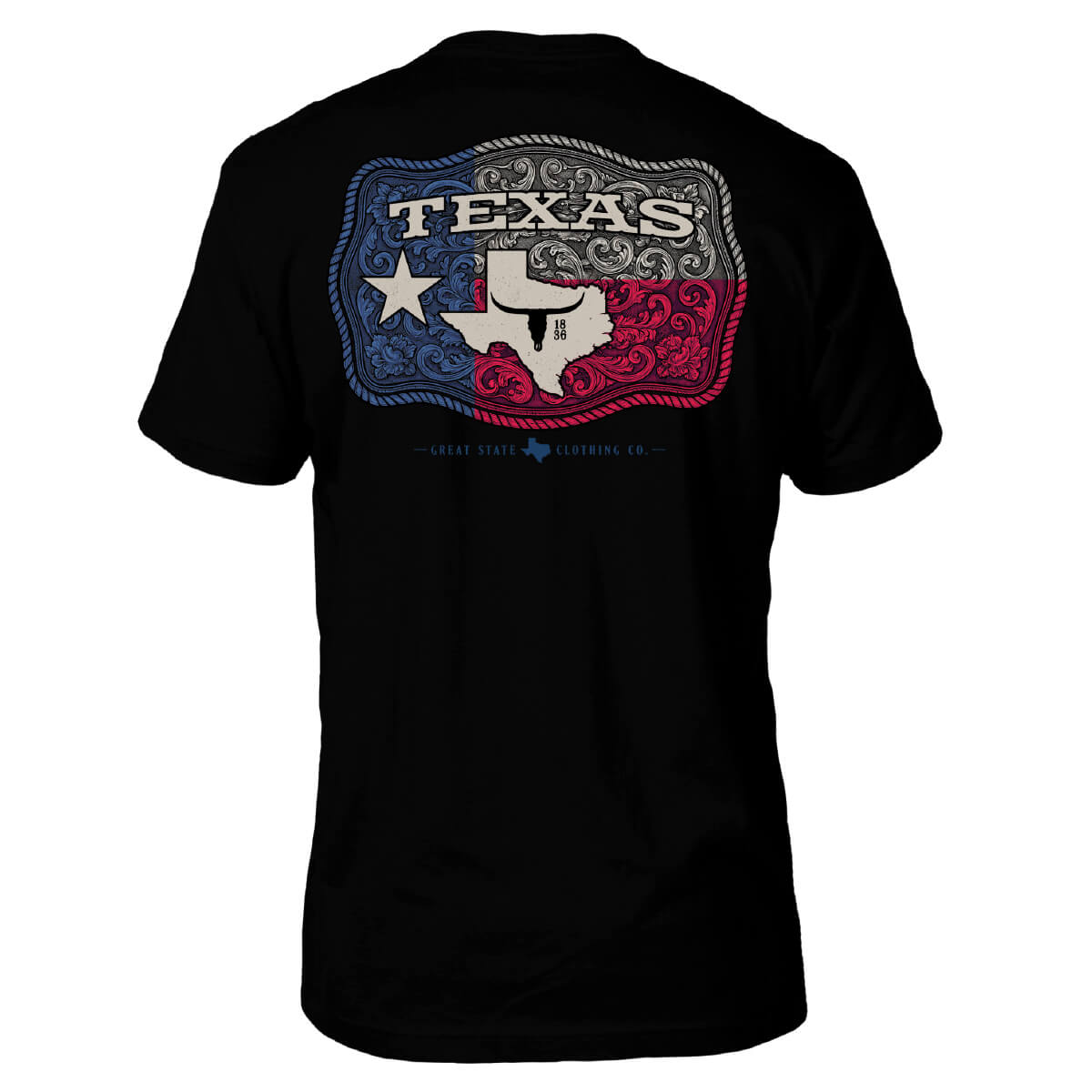 Black tee with a design of a belt buckle and the colors of the Texas flag.