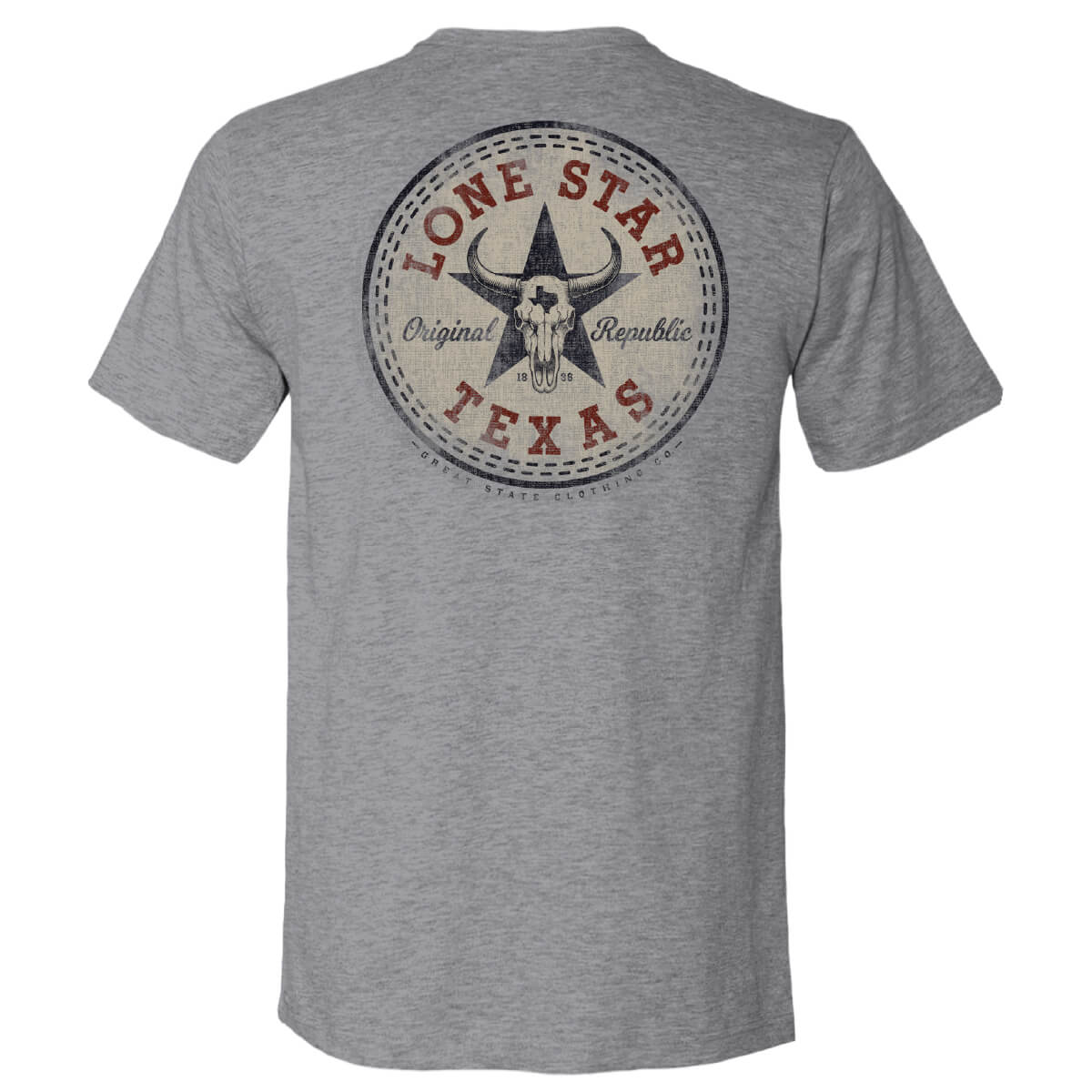 Gray tee with a circle design in tan with red text that says 'LONE STAR TEXAS'.