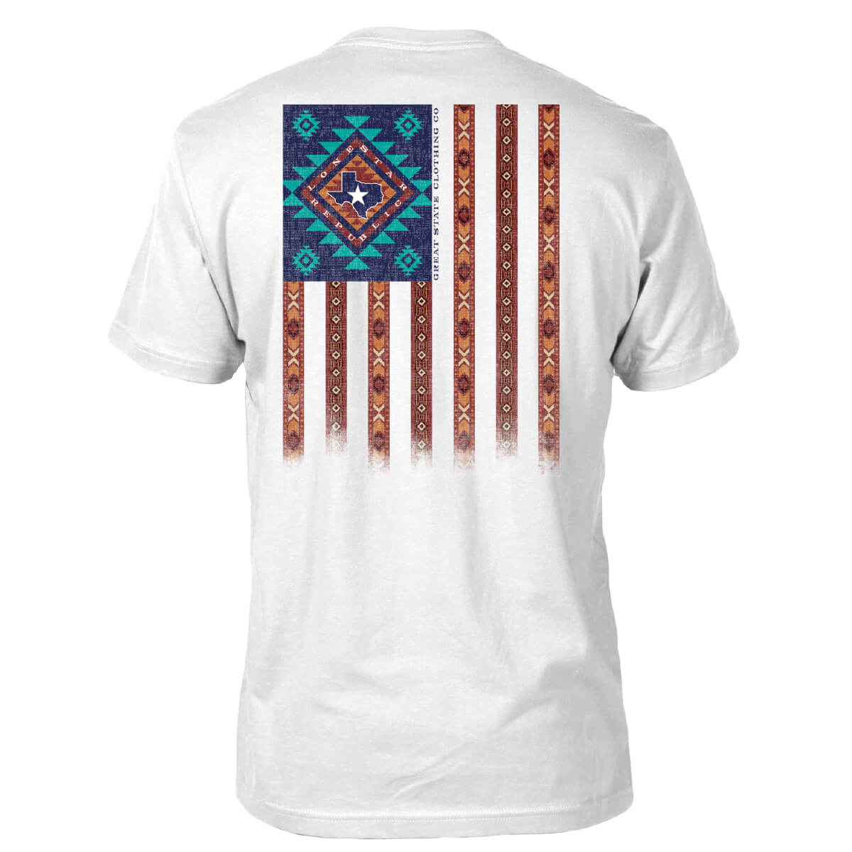 White t-shirt with a colorful geometric pattern on the back, displaying a vertical USA flag with a native american design.