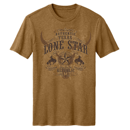 Brown t-shirt with 'Lone Star' graphic design featuring cowboys and a bull skull.