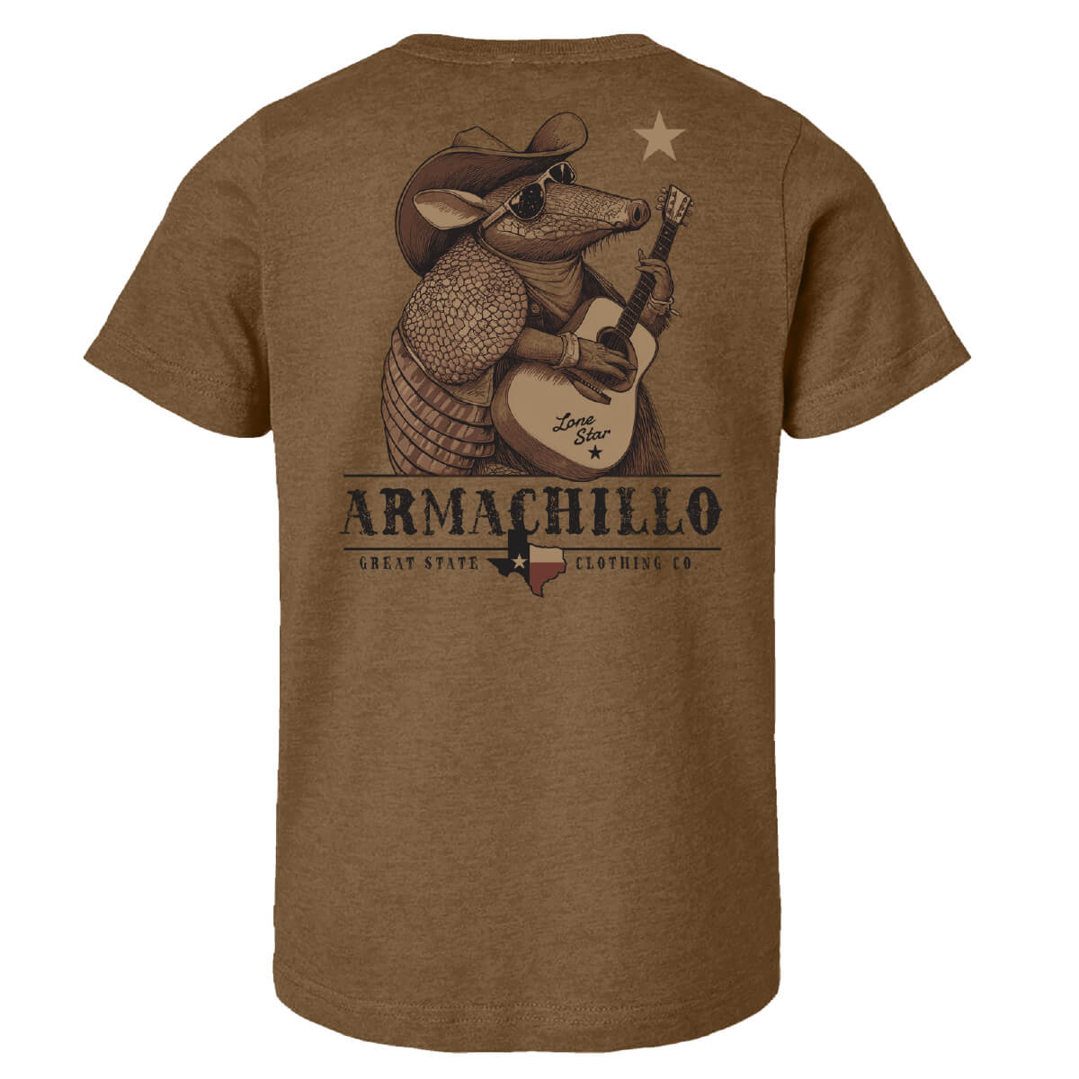 Brown shirt with am armadillo playing a guitar in a cowboy hat with the text 'ARMACHILLO'.