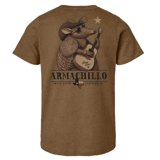 Brown shirt with am armadillo playing a guitar in a cowboy hat with the text 'ARMACHILLO'.