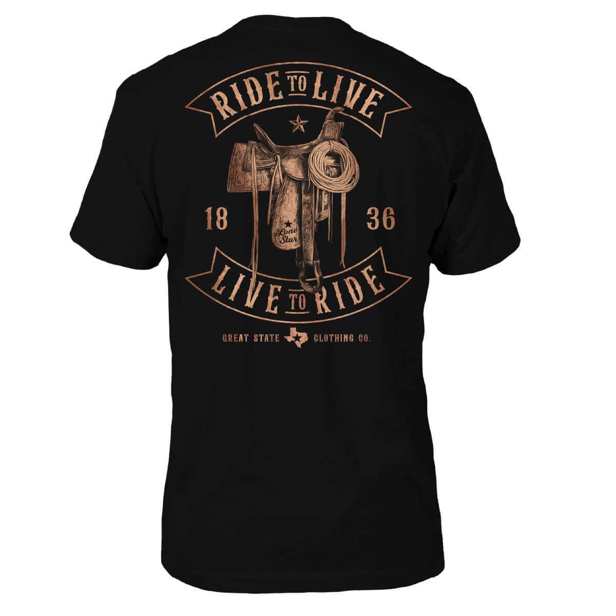 Black t-shirt with a cowboy graphic on the back with text 'RIDE TO LIVE LIVE TO RIDE' and a horse saddle.