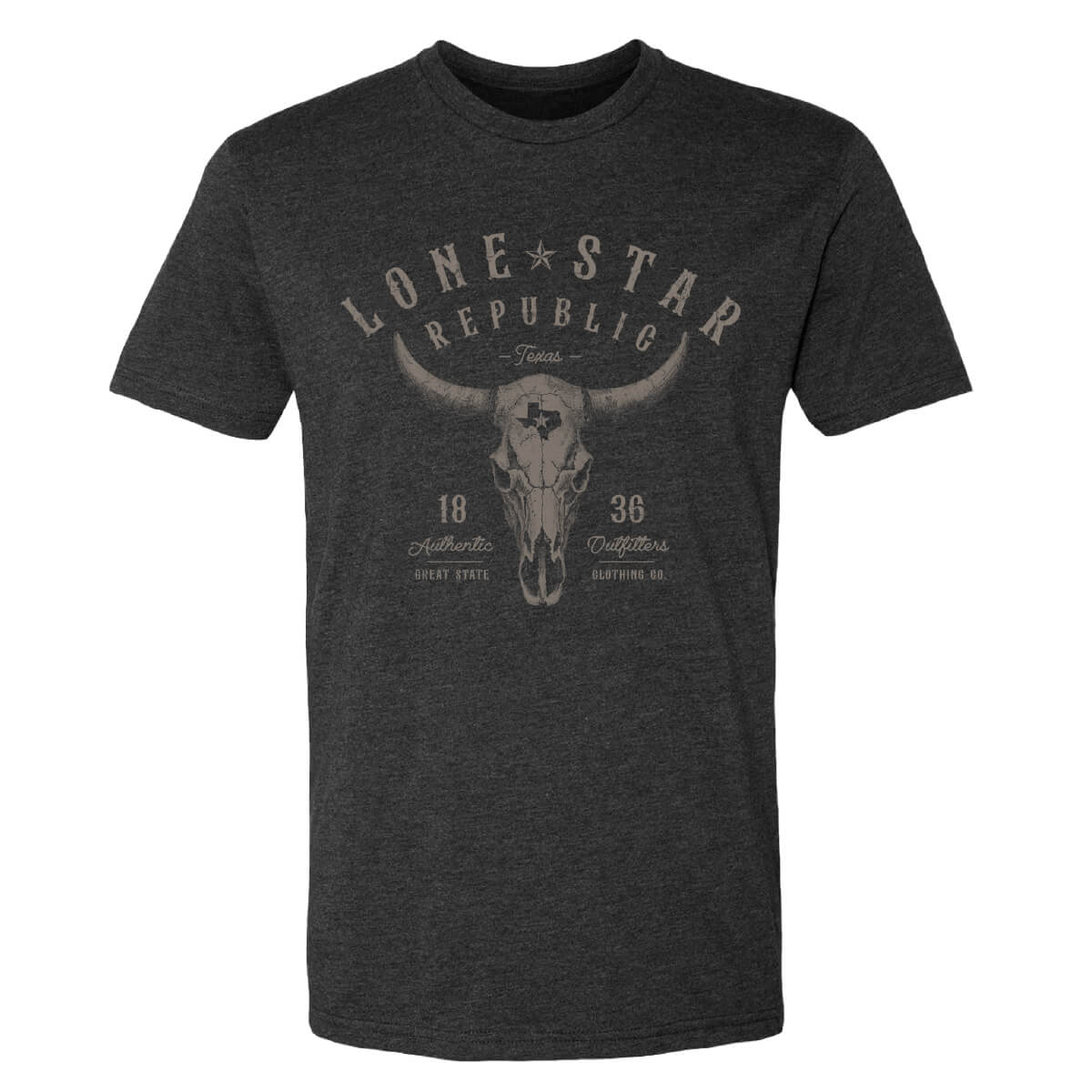 Dark gray t-shirt with the text 'LONE STAR REPUBLIC' on the front with a bull's skull.