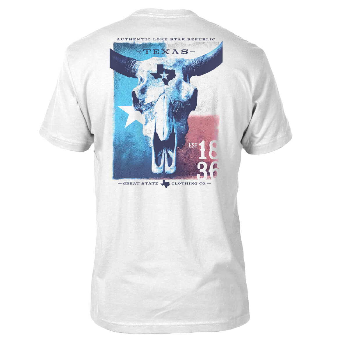 White t-shirt with a flag of Texas and a longhorn skull on the back.