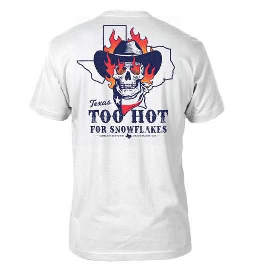 White tee with a graphic of a skull in a cowboy hat with flames coming out of it and a silhouette of the state of Texas.