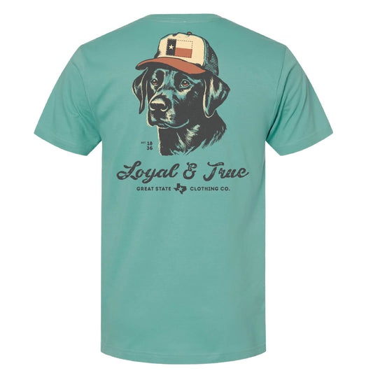 Teal tee with a graphic of a dog wearing a trucker hat with a patch of the Texas flag.