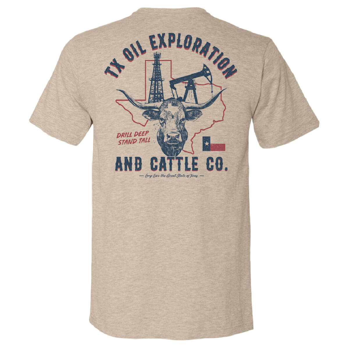 Tan tee with a graphic design featuring oil fields and a bull over the state of Texas with text 'TX oil exploration and cattle co.'