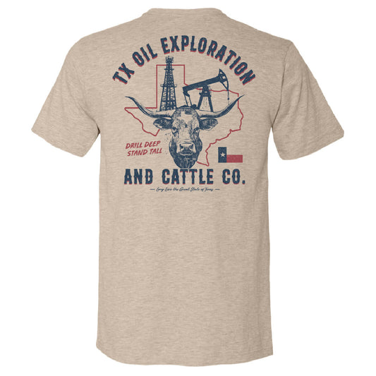 Tan tee with a graphic design featuring oil fields and a bull over the state of Texas with text 'TX oil exploration and cattle co.'