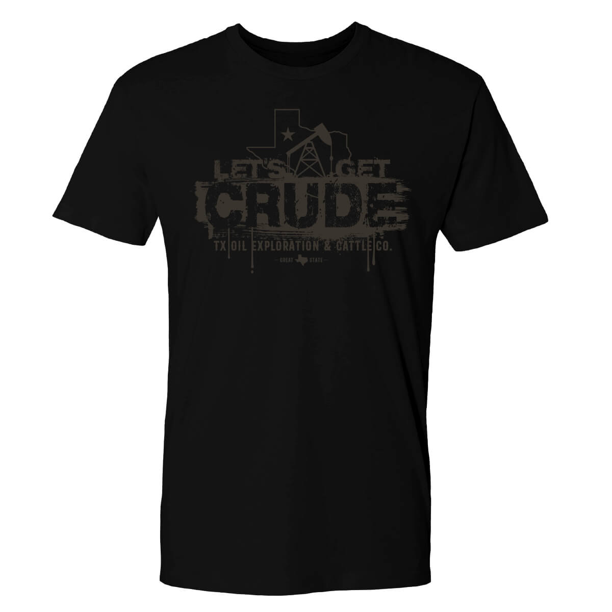 Black tee with text 'LET'S GET CRUDE' and a design related to Texas oil drilling.