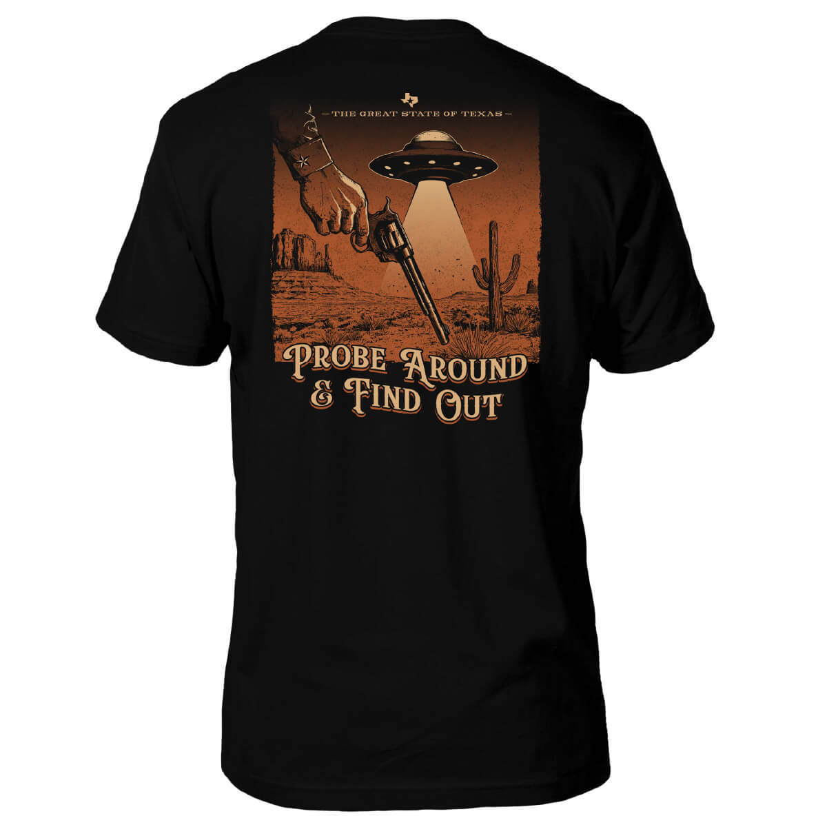 Black t-shirt with a graphic design of a cowboy hand holding a gun, UFO, and desert landscape on the back.