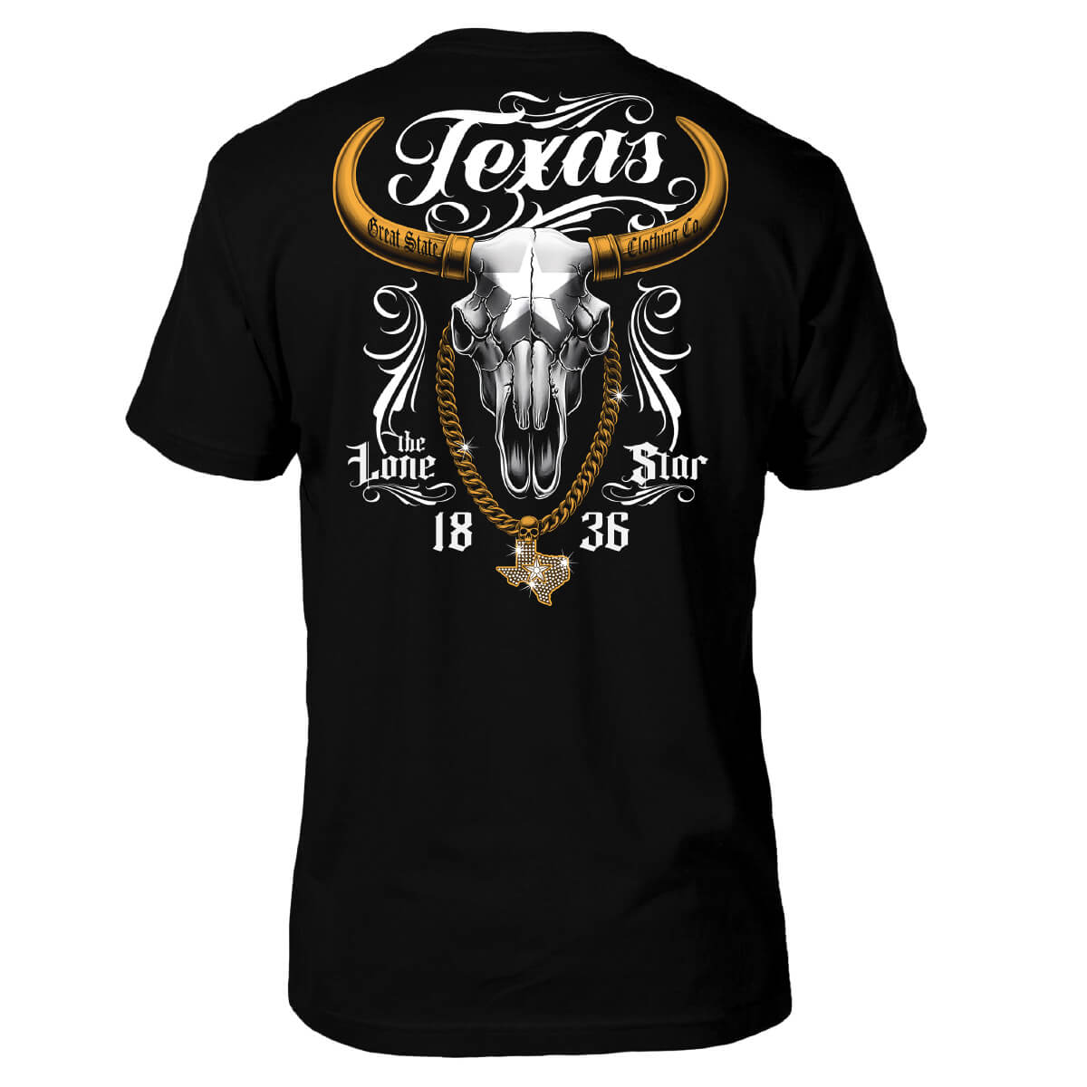 Black t-shirt with a bull skull design and 'Texas' text on the back.