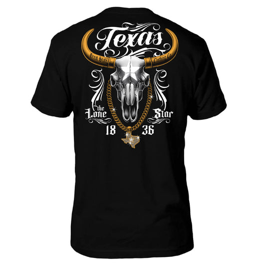 Black t-shirt with a bull skull design and 'Texas' text on the back.