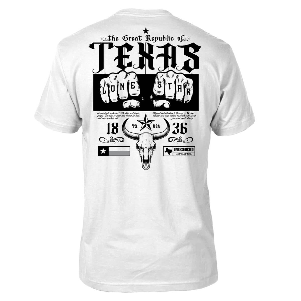 White tee with a graphic featuring 'THE GREAT REPUBLIC OF TEXAS' on the back with knuckles and the text 'LONE STAR' written across them in an urban style.