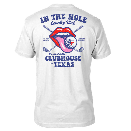 White shirt with a graphic of a mouth licking a golf ball and crossed golf clubs behind it.