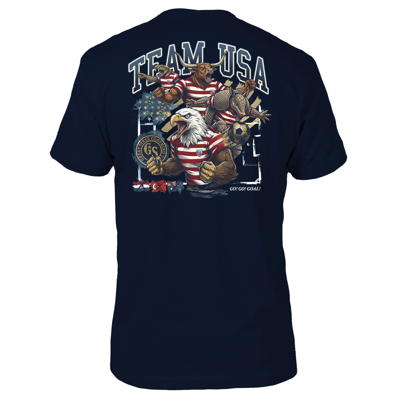 Navy blue t-shirt with 'Team USA' graphic featuring an eagle, snake, longhorn, and armadillo as soccer players.