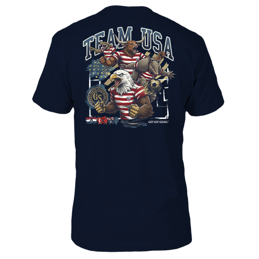 Navy blue t-shirt with 'Team USA' graphic featuring an eagle, snake, longhorn, and armadillo as soccer players.