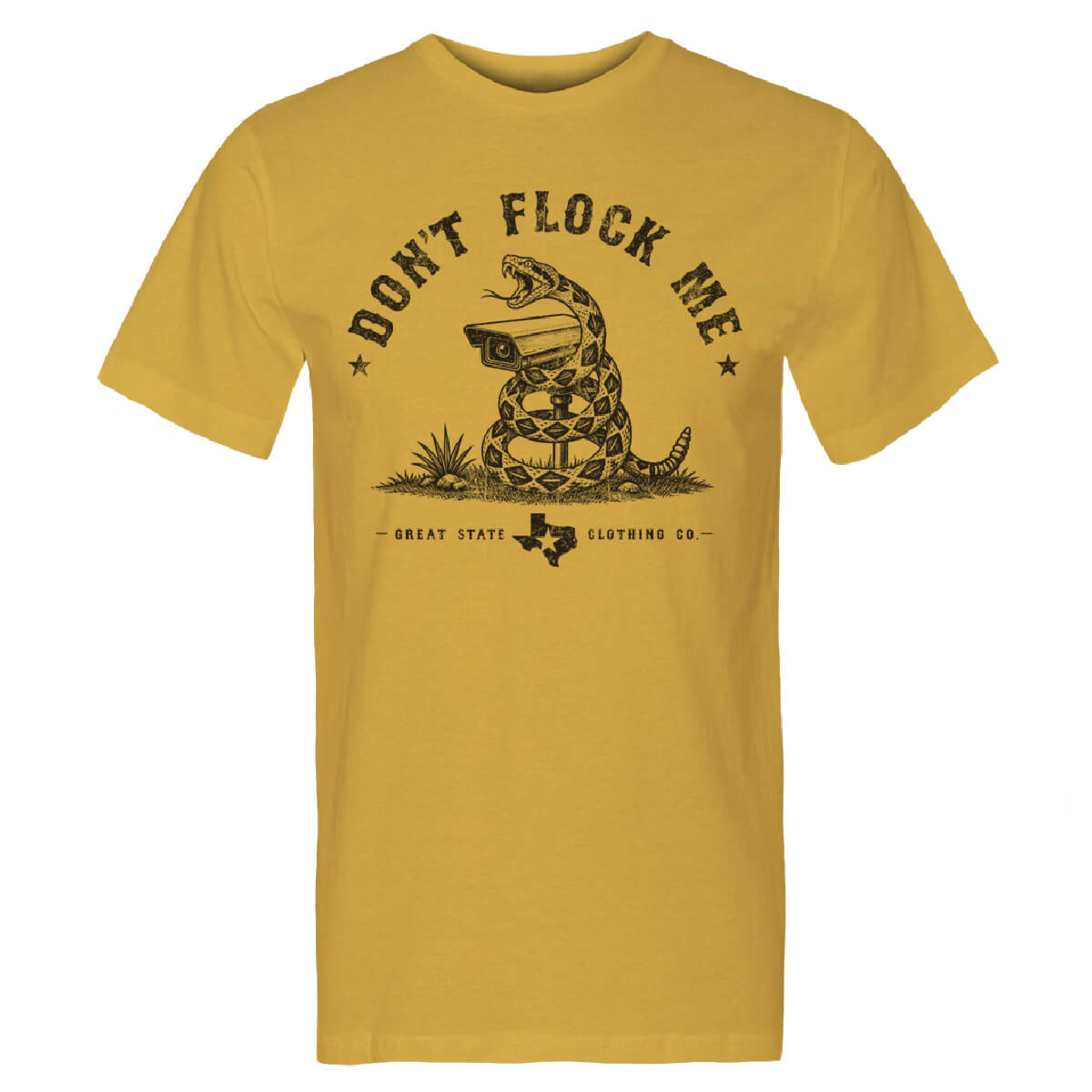 Mustard tee with a graphic of a snake around a surveillance camera with the text 'DONT'T FLOCK ME'.