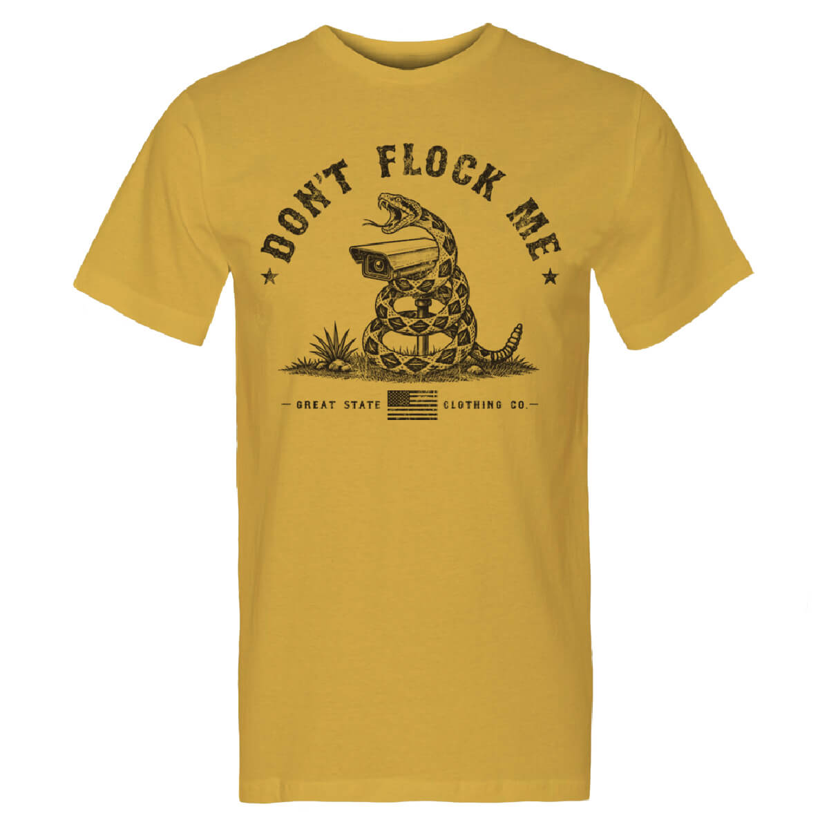 Mustard tee with a graphic of a snake around a surveillance camera with the text 'DONT'T FLOCK ME'.