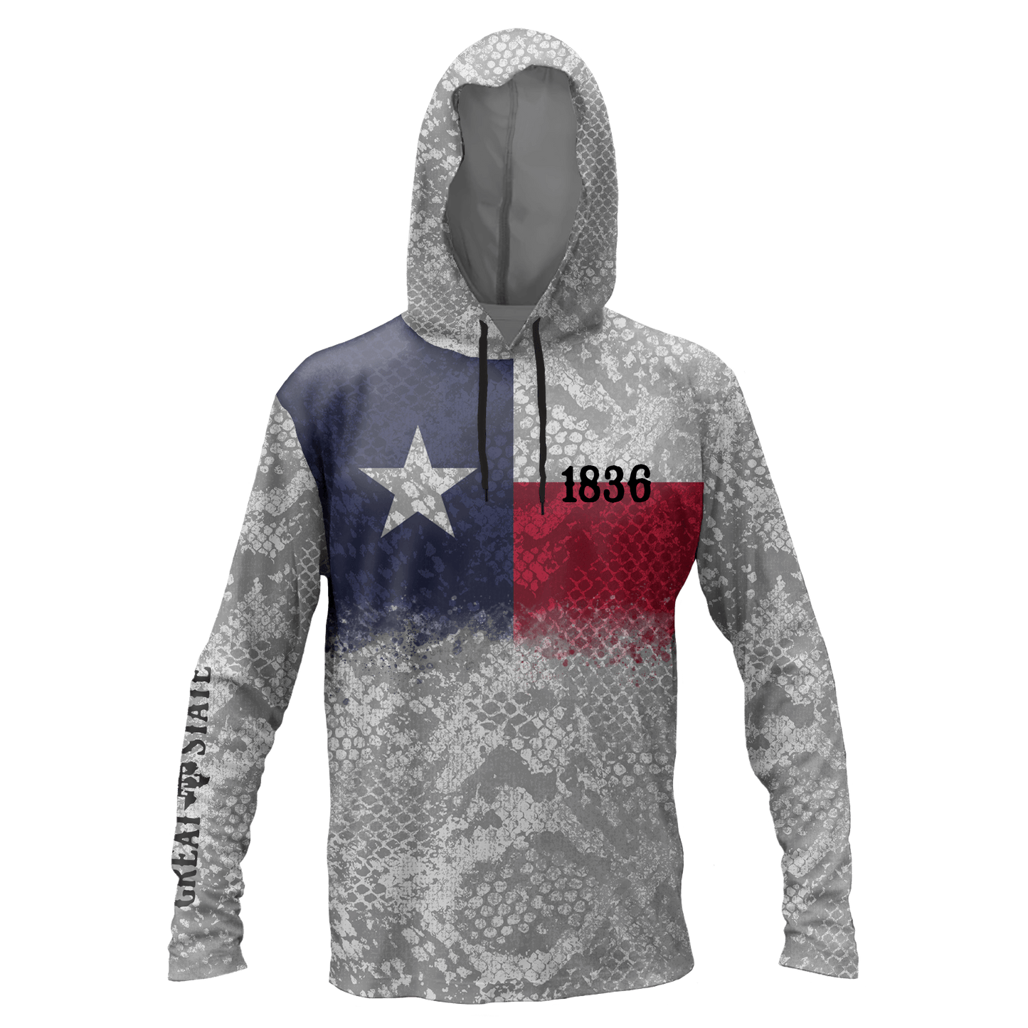 Performance hoodie with the Texas flag and a fish scale pattern in gray and white.