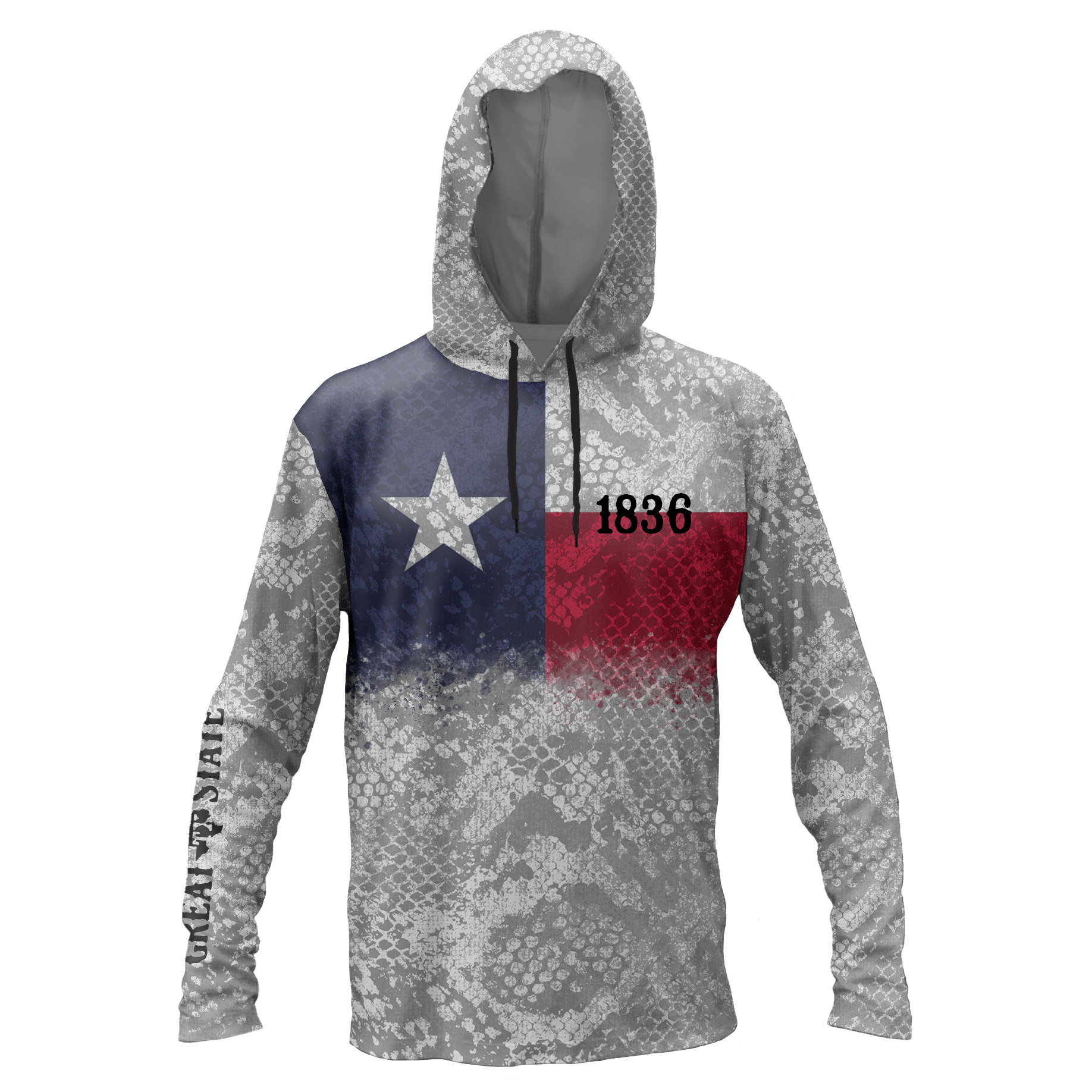 Performance hoodie with the Texas flag and a fish scale pattern in gray and white.