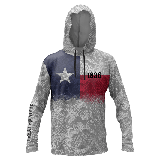 Performance hoodie with the Texas flag and a fish scale pattern in gray and white.