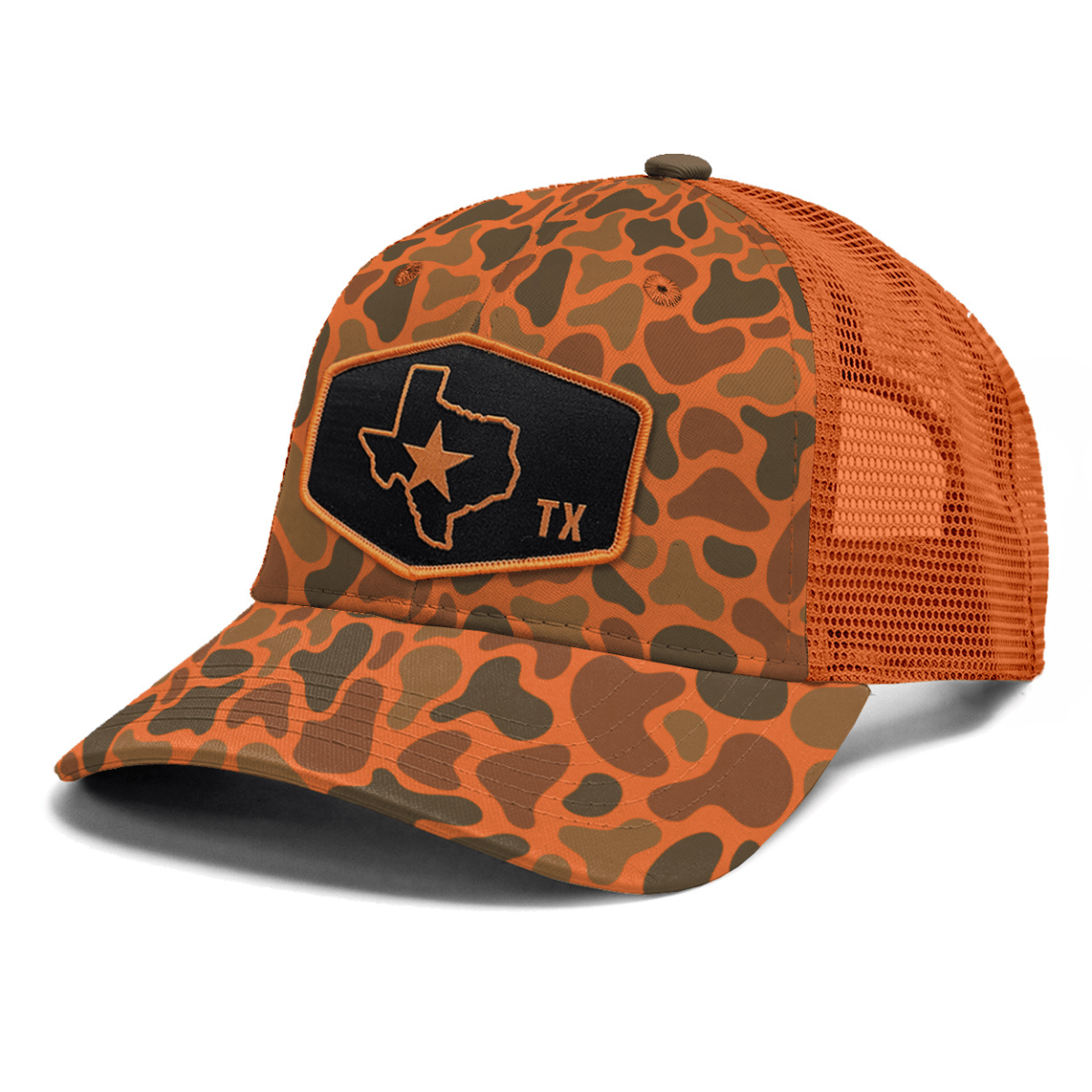 Orange camo hat with a patch with the state of Texas and a star in the middle of it.