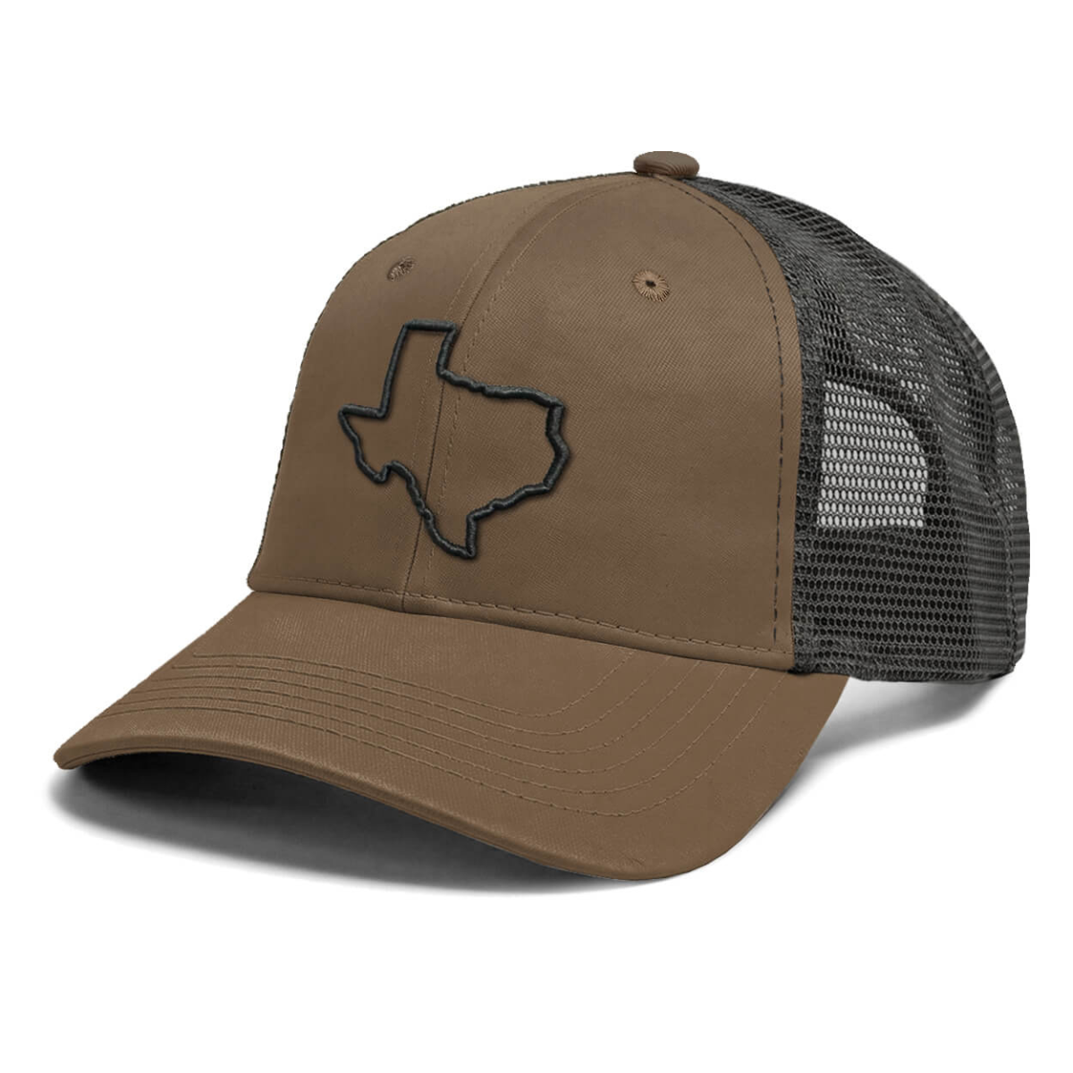 Brown hat with an embroidered outline of the state of Texas on the front.