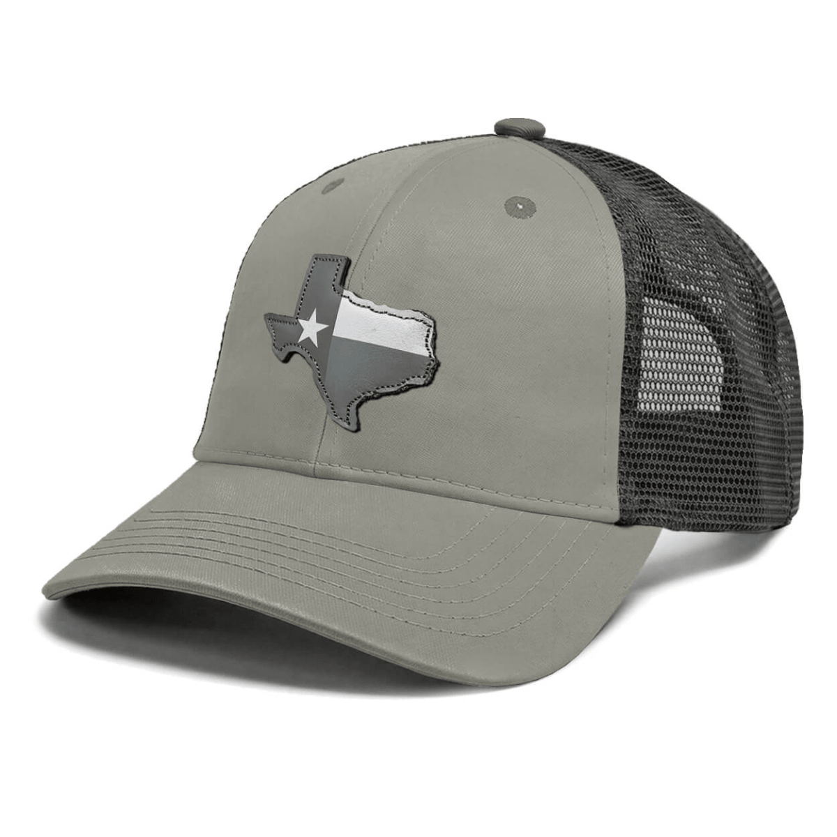 Gray hat with a leather patch of the state of Texas with the state flag inside of it. 