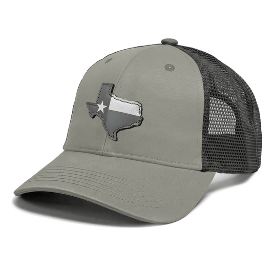 Gray hat with a leather patch of the state of Texas with the state flag inside of it. 