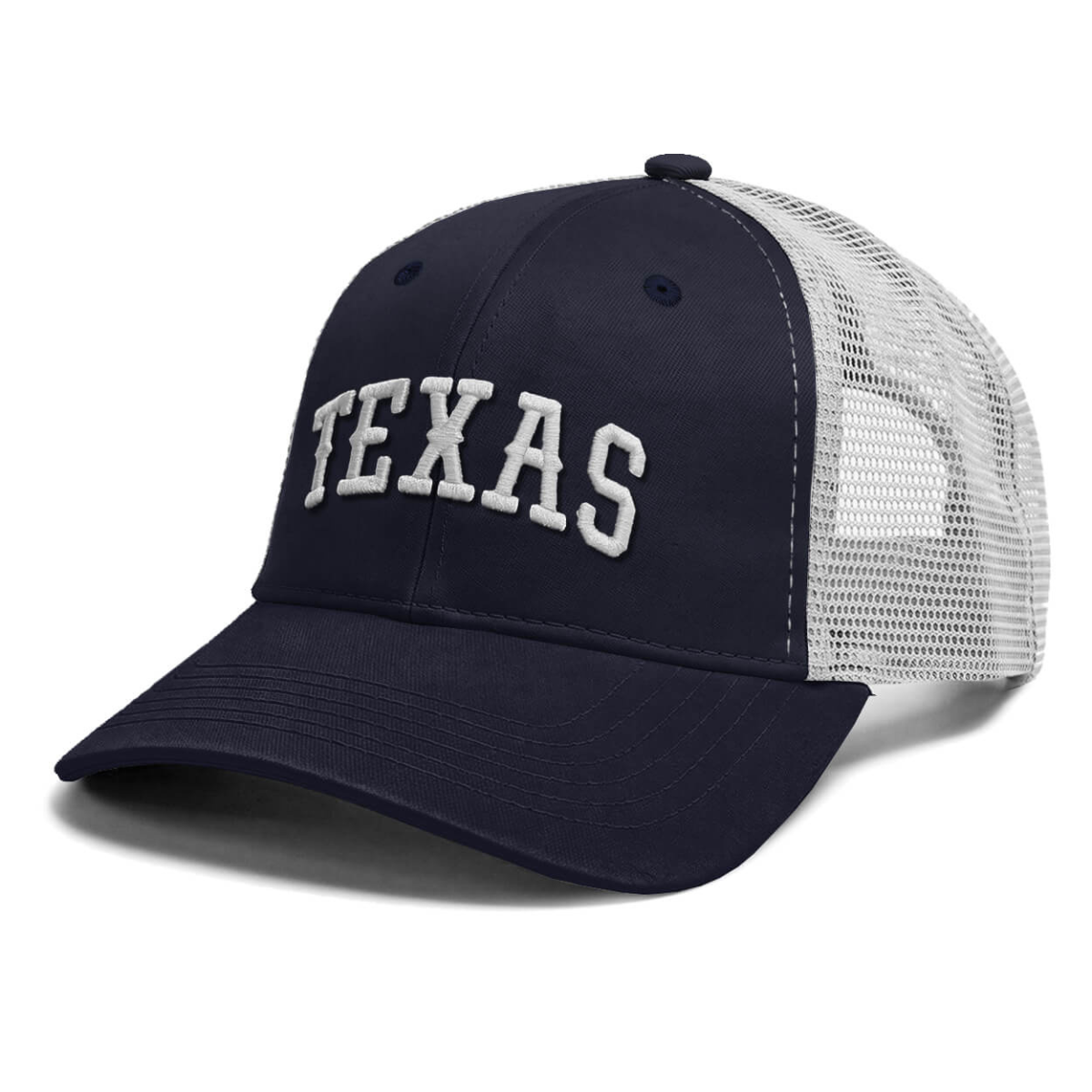 Navy blue hat with embroidered "Texas" on the cap.
