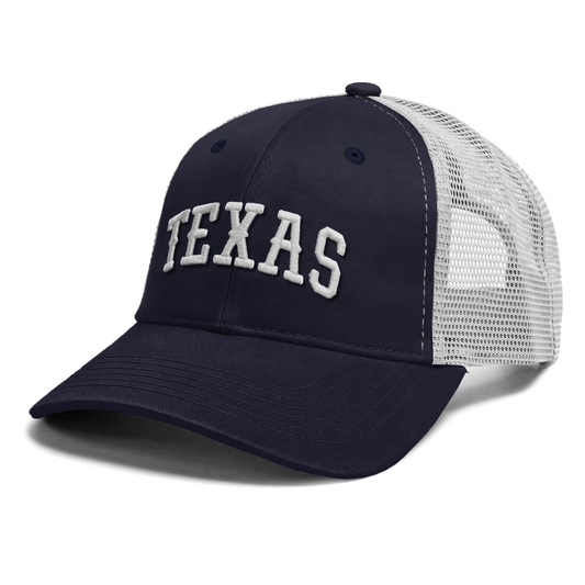 Navy blue hat with embroidered "Texas" on the cap.