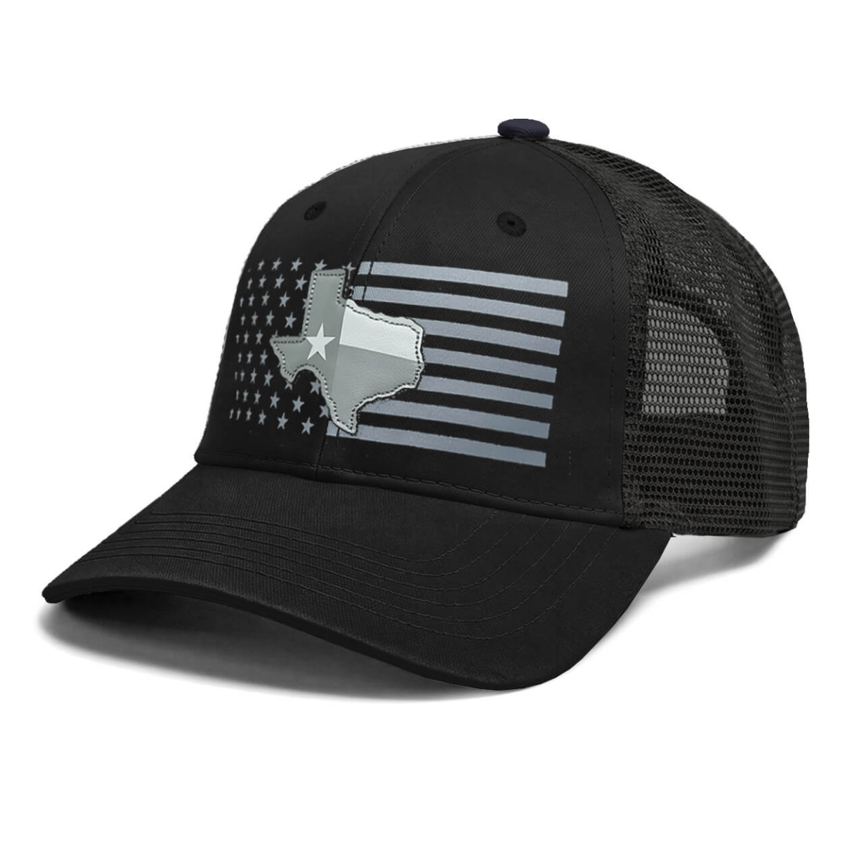 Black hat with the American flag on the front and a patch of the state of Texas with the Texas flag within it.