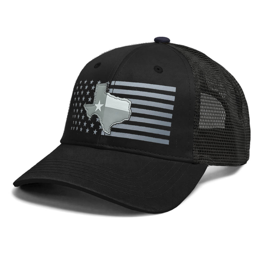 Black hat with the American flag on the front and a patch of the state of Texas with the Texas flag within it.