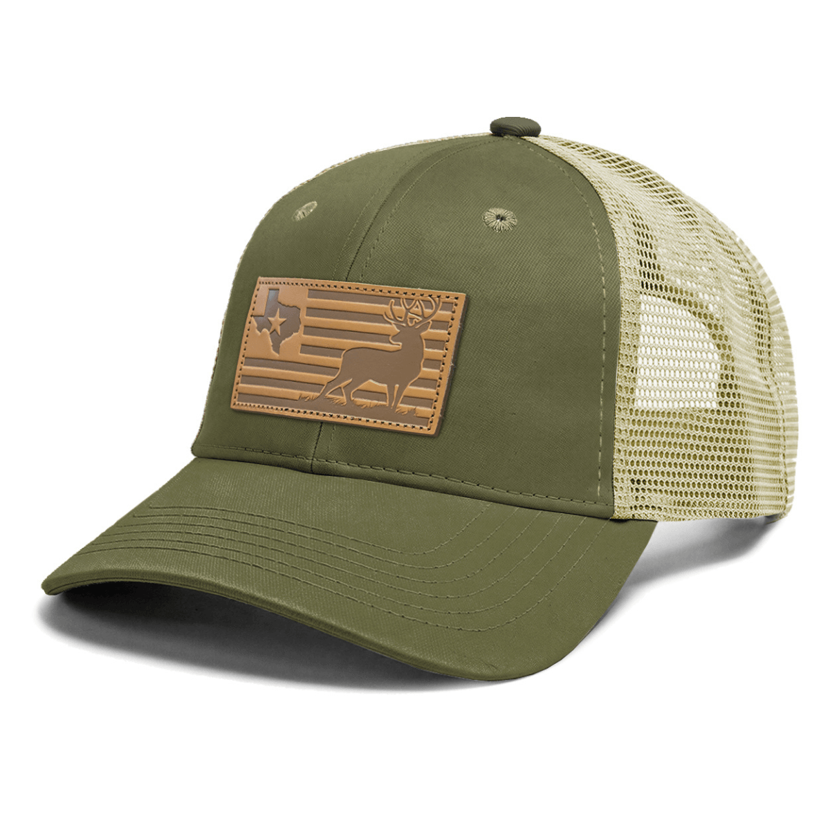 Green hat with a leather patch featuring the American flag with the state of Texas in the top left corner and a buck on the right.