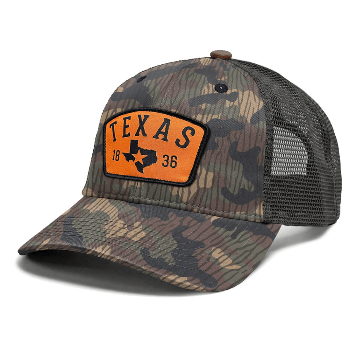 Camouflage hat with an orange patch with "TEXAS" and 1836 on it.
