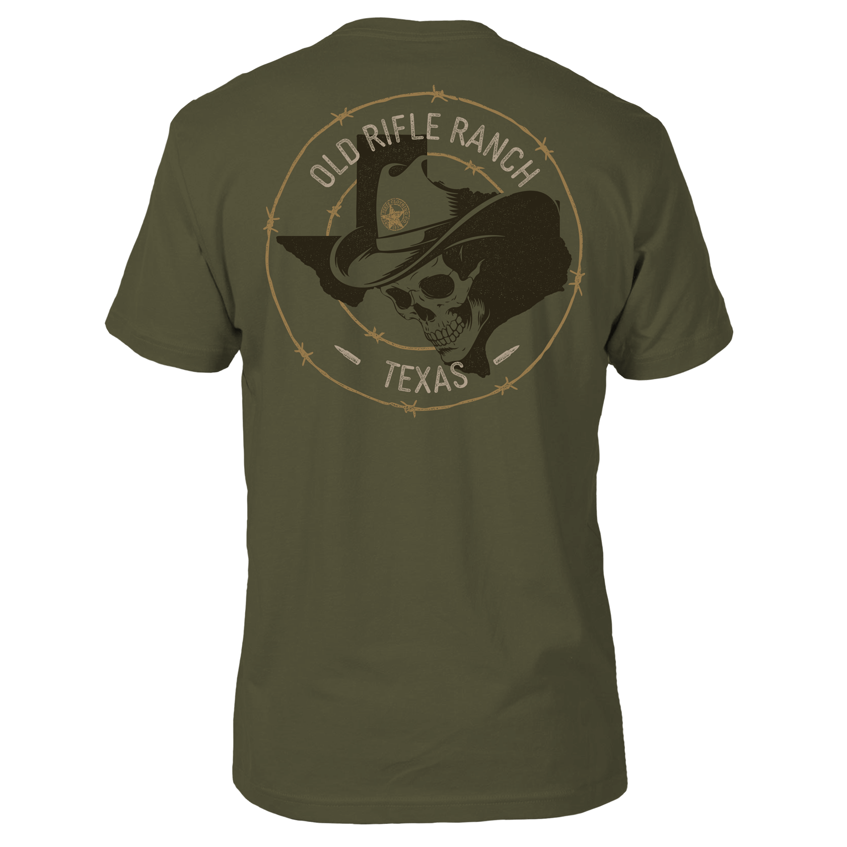 Green t-shirt with 'Old Rifle Ranch Texas' text and a skull wearing a cowboy hat.