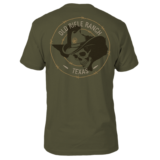 Green t-shirt with 'Old Rifle Ranch Texas' text and a skull wearing a cowboy hat.