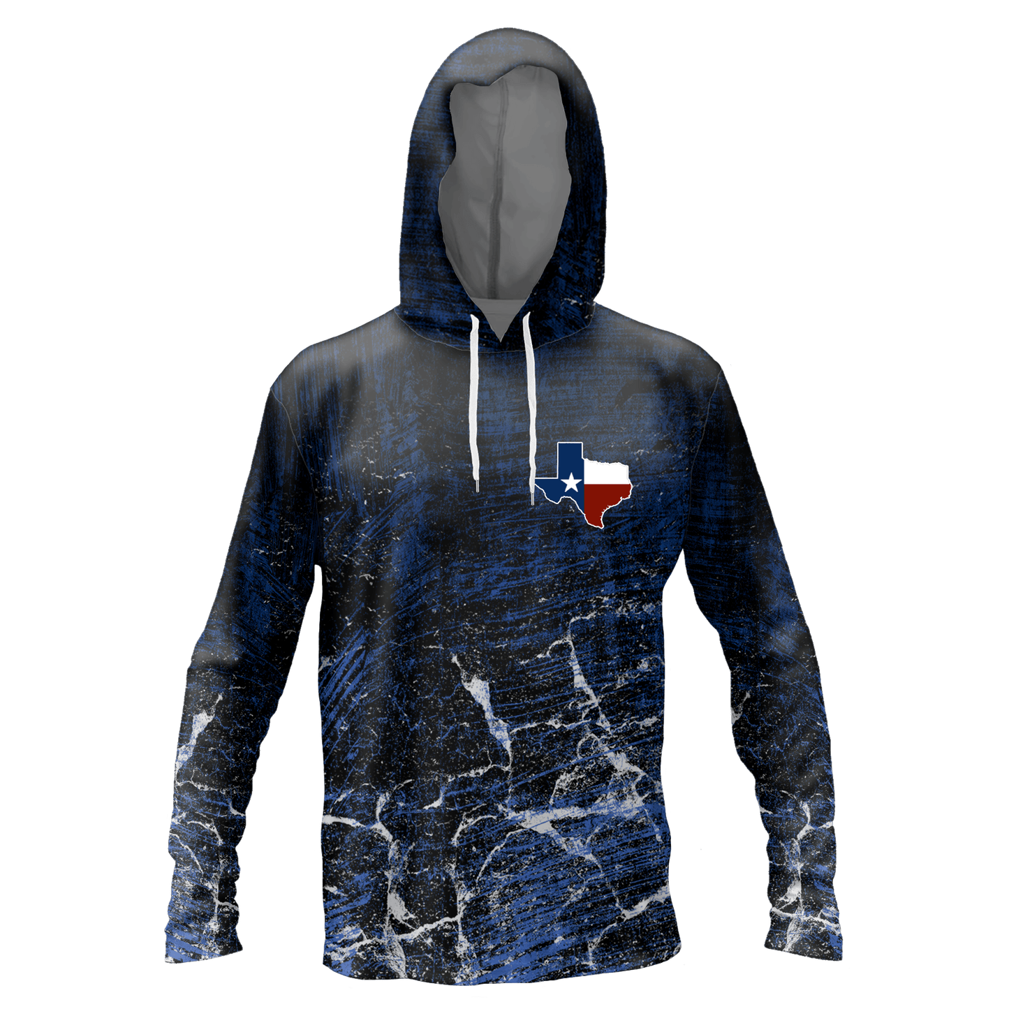 Performance hoodie with a graphic of the ocean and the outline of Texas on the left chest with the Texas flag within it.