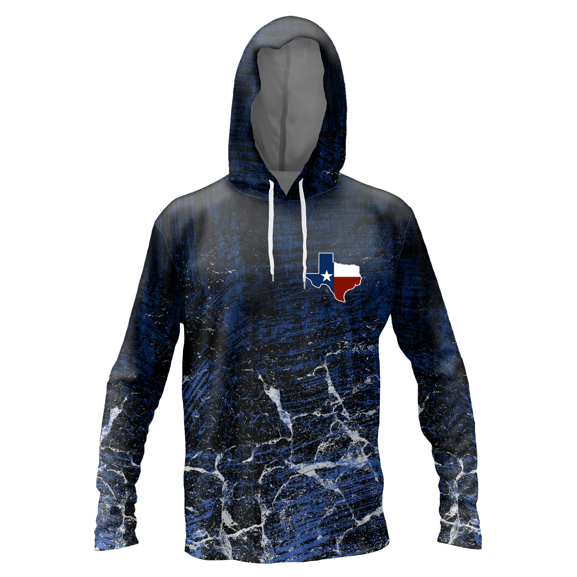 Performance hoodie with a graphic of the ocean and the outline of Texas on the left chest with the Texas flag within it.