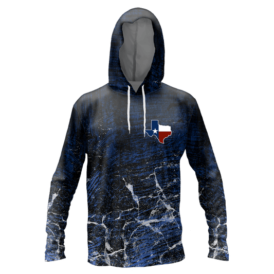 Performance hoodie with a graphic of the ocean and the outline of Texas on the left chest with the Texas flag within it.